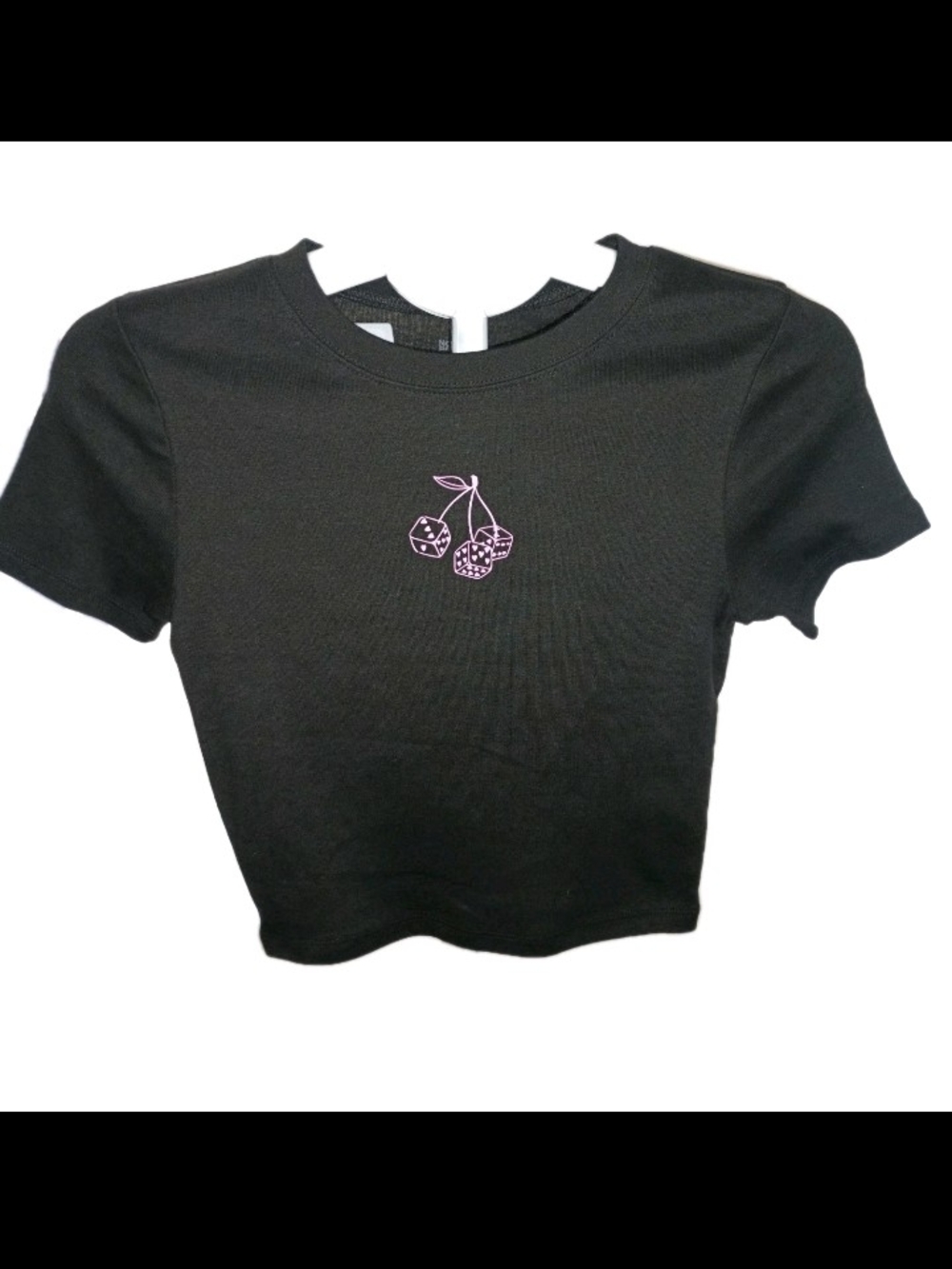 No Boundaries Black Crop Top with Pink Cherry Outline